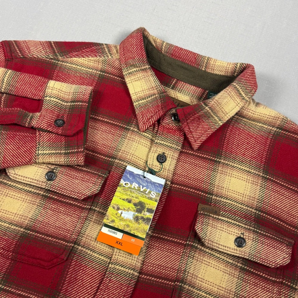 Orvis Heavyweight Double Brushed Flannel Shirt Red Tan Plaid XXL New